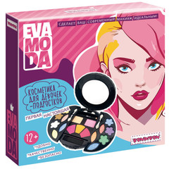 Набор детской декор. косметики Bondibon Eva Moda, BOX 17х17х4 см; тени для век-12шт.(6,48г), румяна-5шт.(5,36г), косметический карандаш-1шт.(0,5г), аппликатор-4шт., зеркало-1шт.,арт.8085.